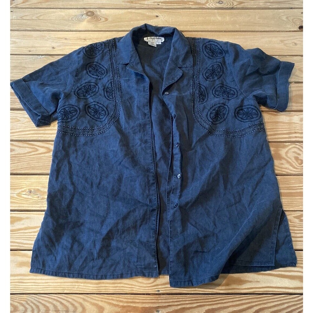 Liberty Fashions Linen Button Up Shirt Size 14 Women’s Black Short Sleeve